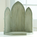 Open light grey wooden barn doors with three openings