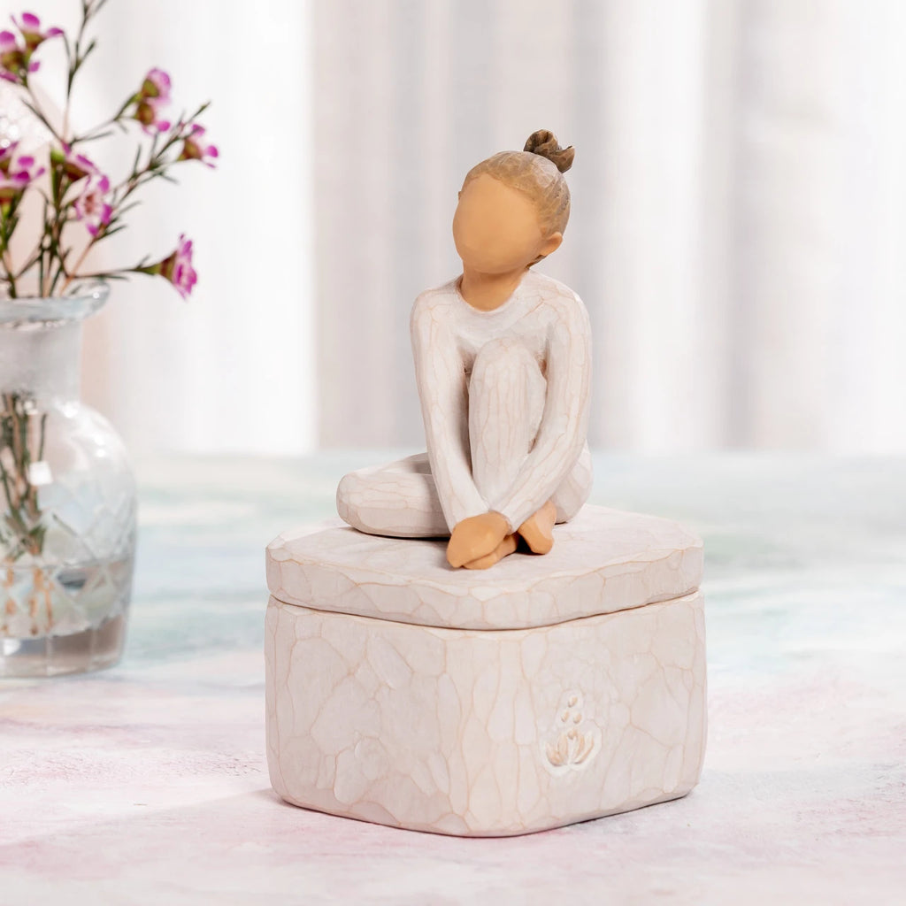Willow Tree The Dancer Keepsake Box, 3.0"w x 3.25”d hand-painted resin box with 2.25”h figure of seated dancer in cream leotard affixed to lid