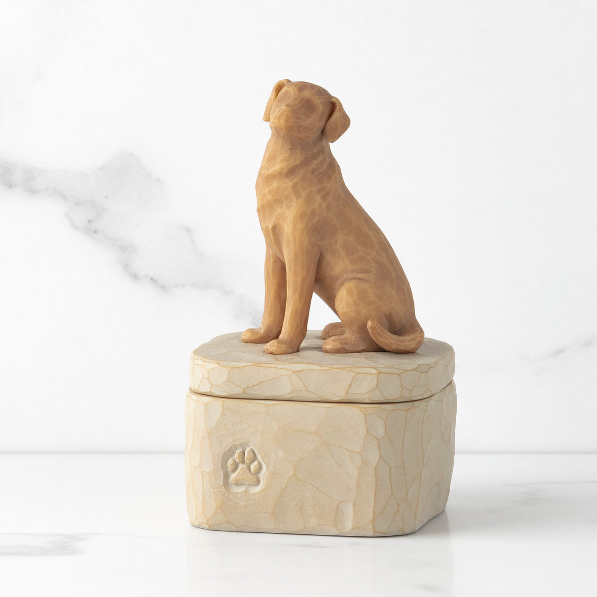 Front view: putty-colored square resin box with lid, 3-D figure of golden color dog atop lid