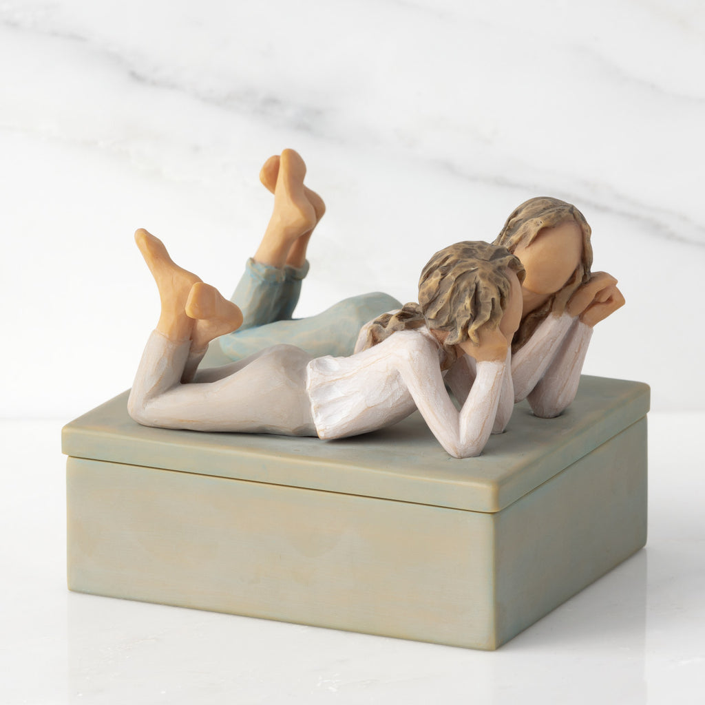Right profile of closed rectangular blue-gray resin box, sculpture of two reclining girls on box lid