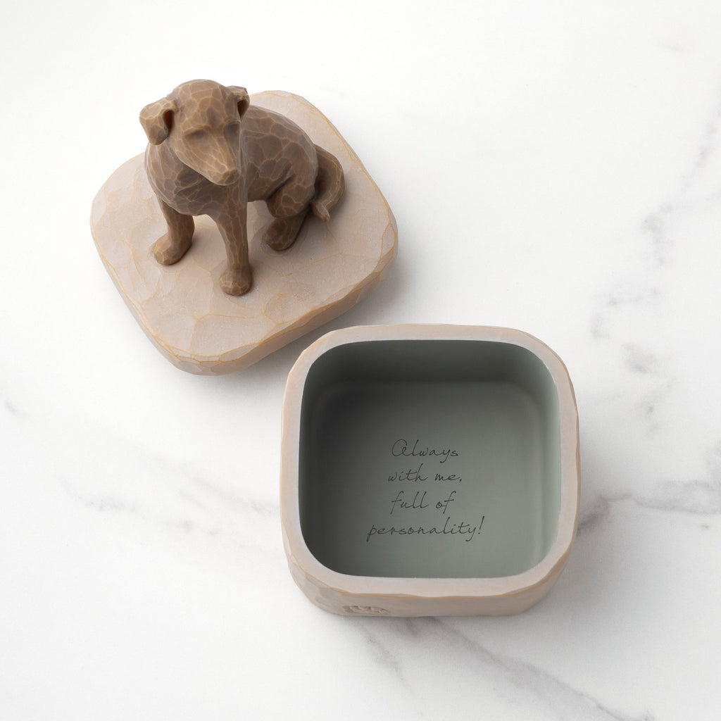 Inside: gray square resin box with sentiment written on bottom inside of box. Detached lid
