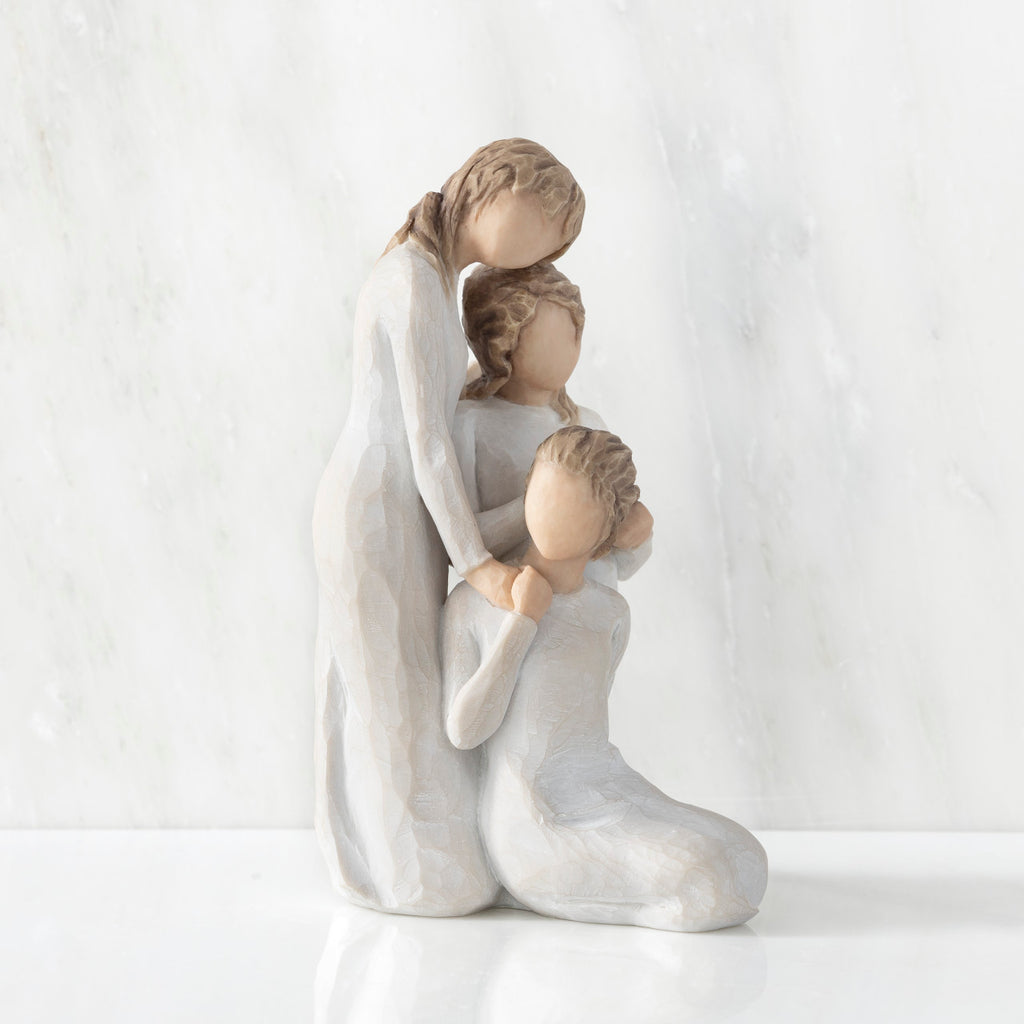 Right-facing view, figurine of three females in cream dresses: one standing with arm around kneeling female, and holding hand of seated female