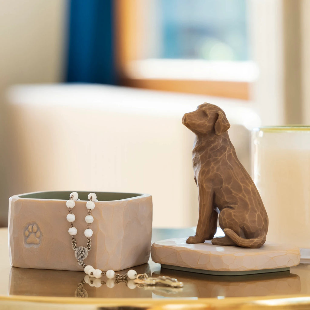 Willow Tree Love my Dog (dark) Keepsake Box, 3"w x 3.25”d hand-painted resin box with 3.4”H carved figure of golden dog affixed to lid, lid off with jewelry inside